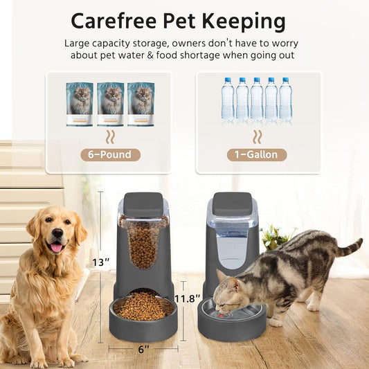 Detachable stainless steel bowls separating from the gray WyfKyd automatic pet feeding station.