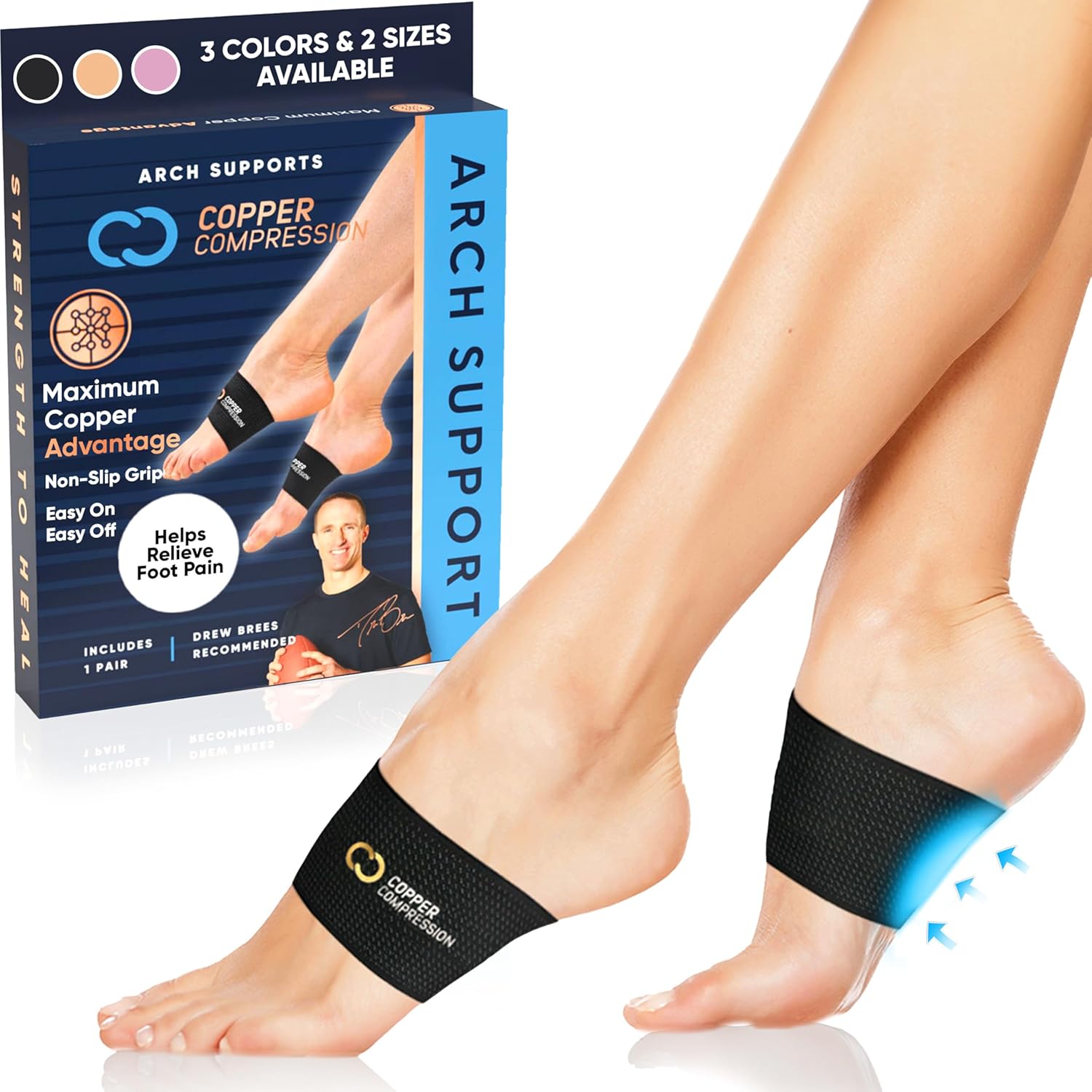Copper Compression arch support sleeves front view for plantar fasciitis relief