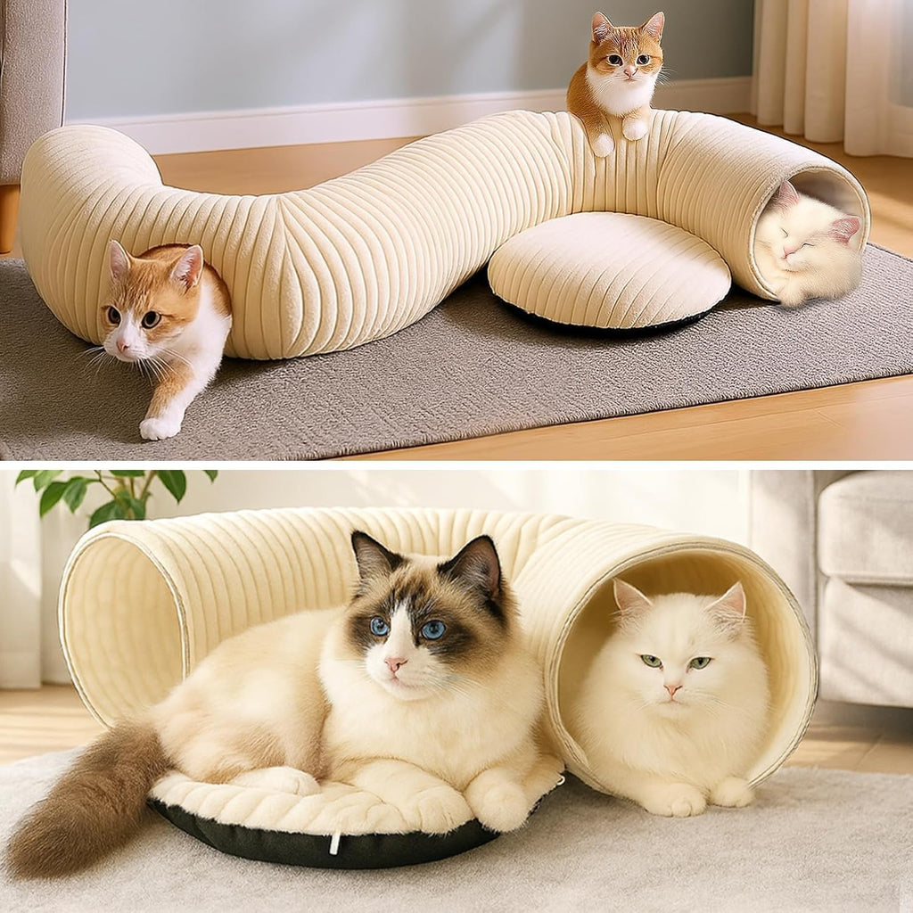 Cat Tunnel Bed with 40 Pcs Interactive Cat Toys, Cat Tube with Kitten Toys for Indoor Kittens, Collapsible Play Tunnel, White - Image 9