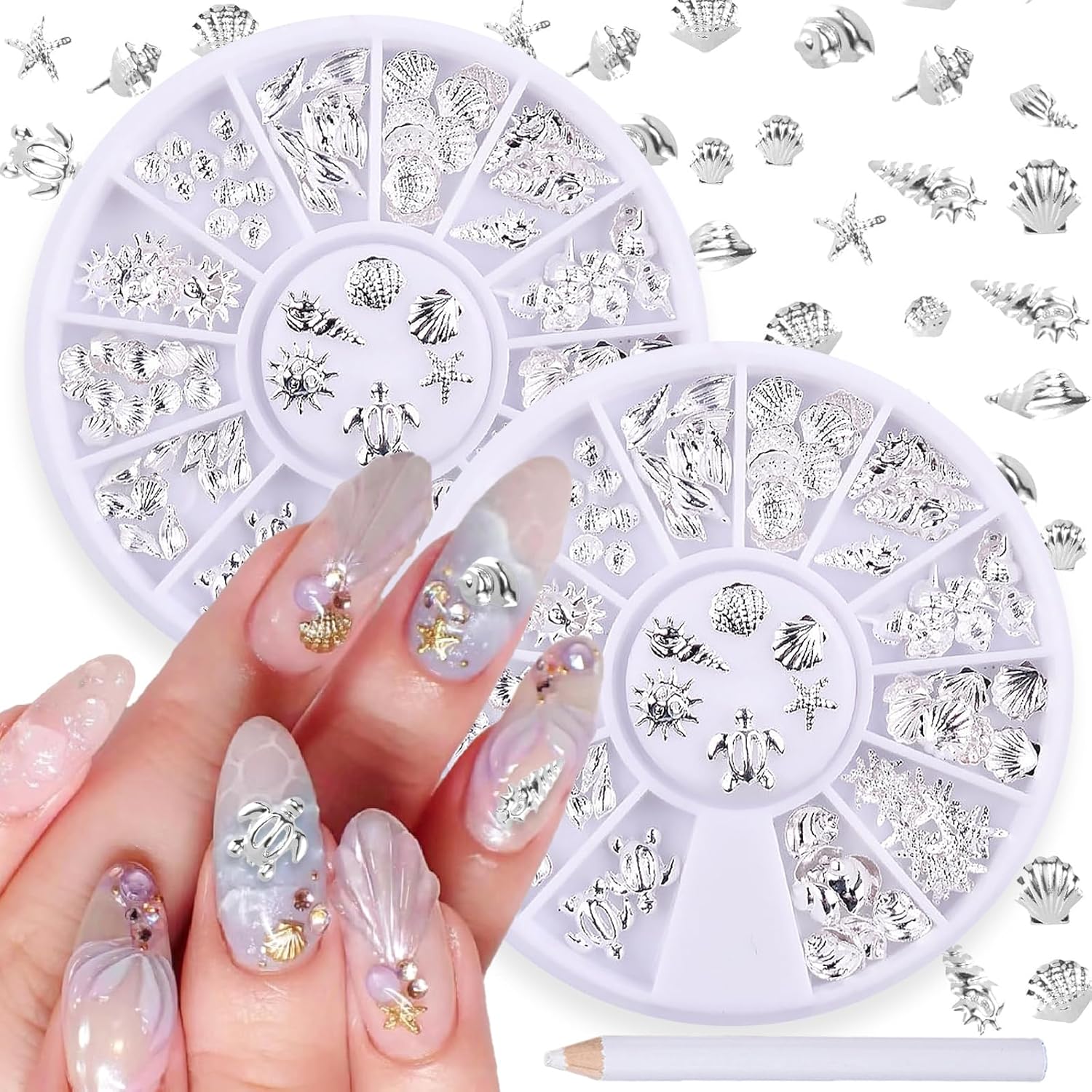 ONEUPIN 2 Disc 3D Silver Nail Charms front view showcasing twelve styles of ocean themed metallic studs.