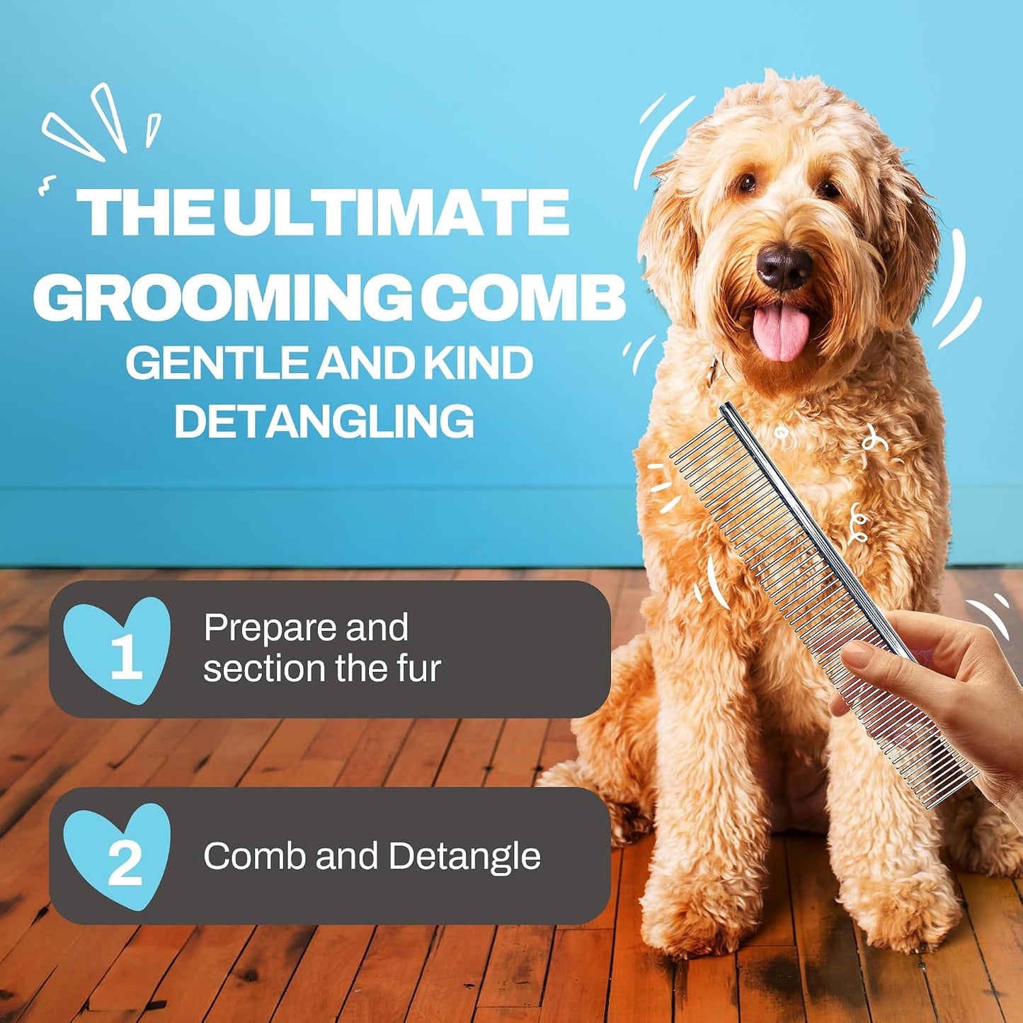 Ergonomic stainless steel manual dog comb displaying premium rust resistant materials for long hair care.