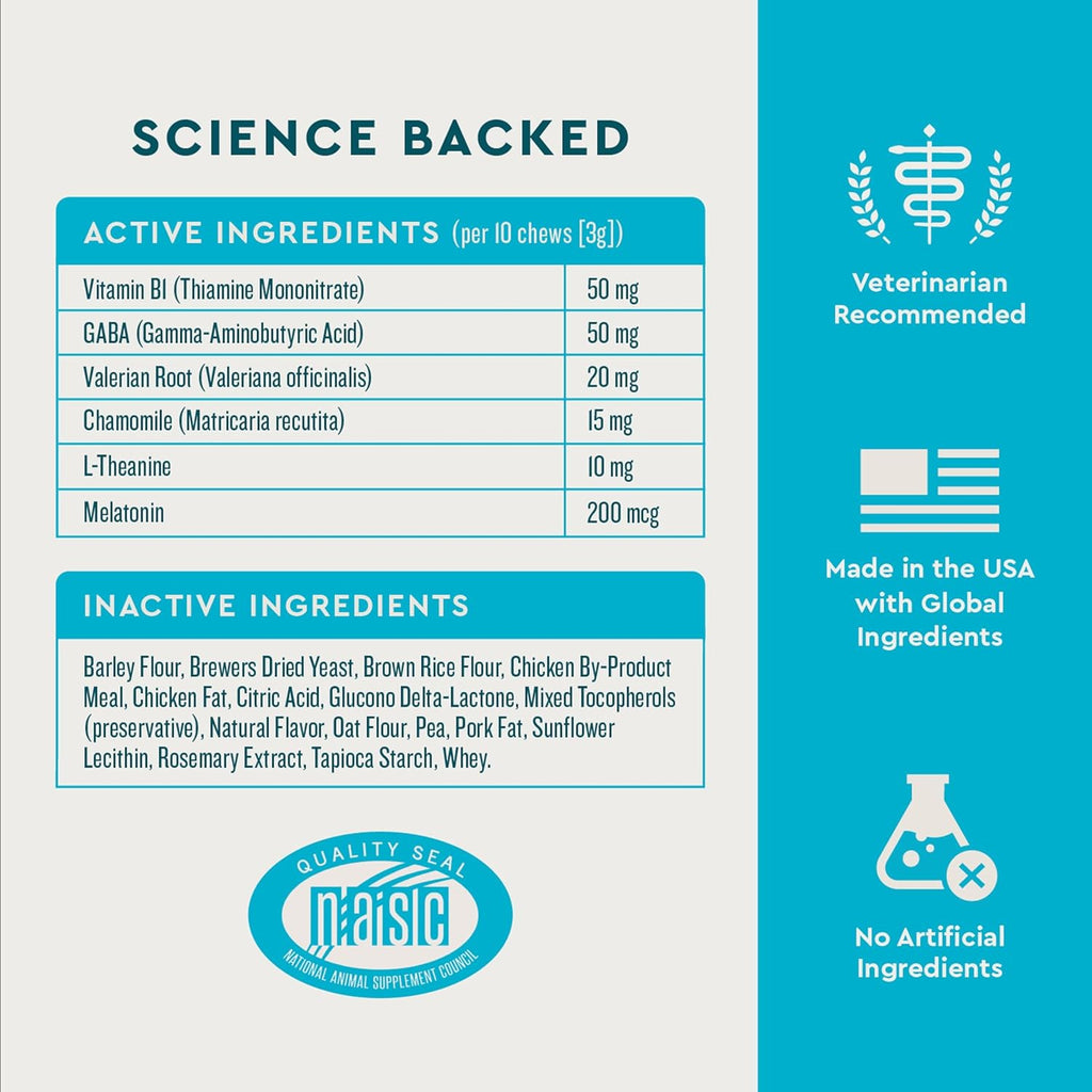 Back label of VetIQ feline calming supplement detailing ingredients including GABA and L-Theanine