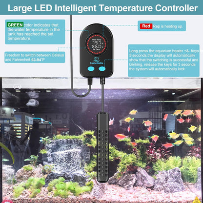 Hanleshuka submersible heater installed inside a fish tank