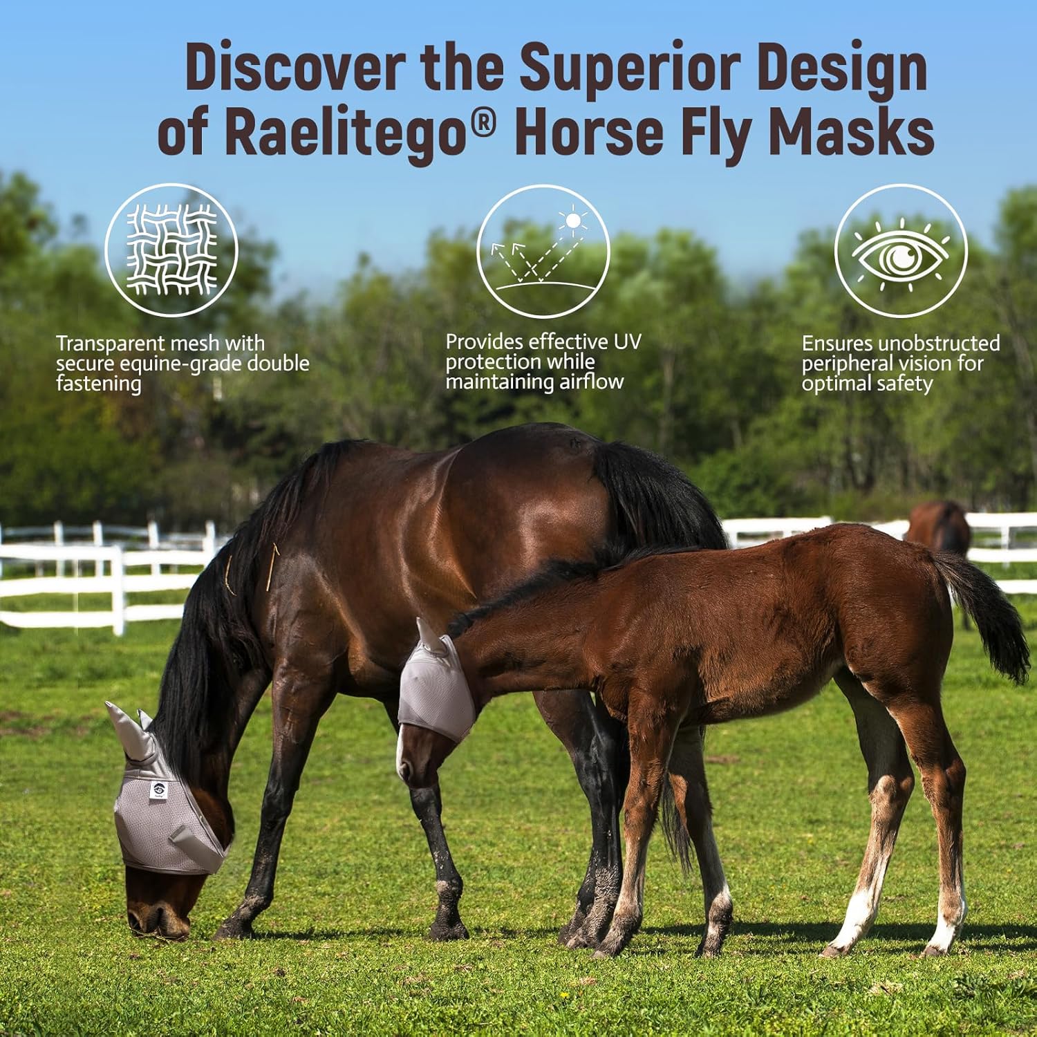 Side profile of Raelitego adjustable horse fly mask on a horse