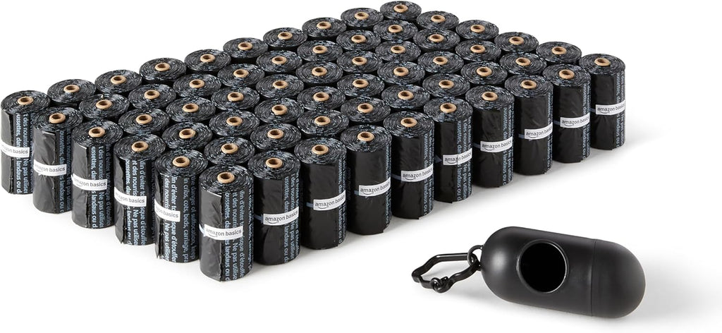 Amazon Basics pet supplies showing twenty rolls of fifteen count dog waste bags.