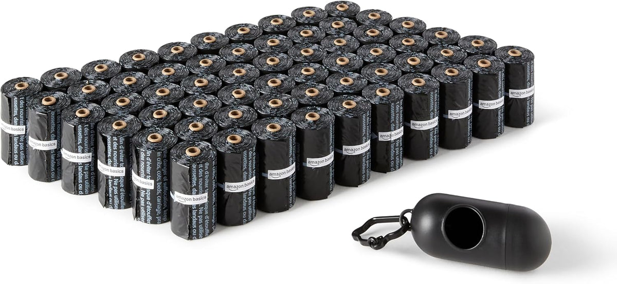 Amazon Basics pet supplies showing twenty rolls of fifteen count dog waste bags.