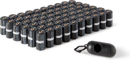 Amazon Basics pet supplies showing twenty rolls of fifteen count dog waste bags.