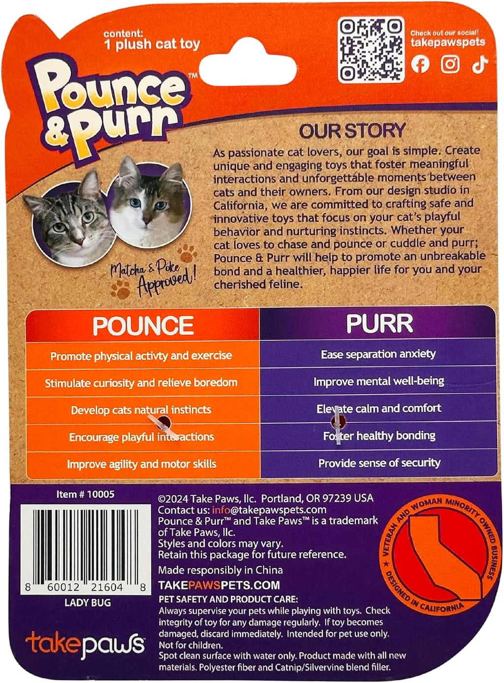 USA sourced Pounce And Purr kitten plush toy packaging details