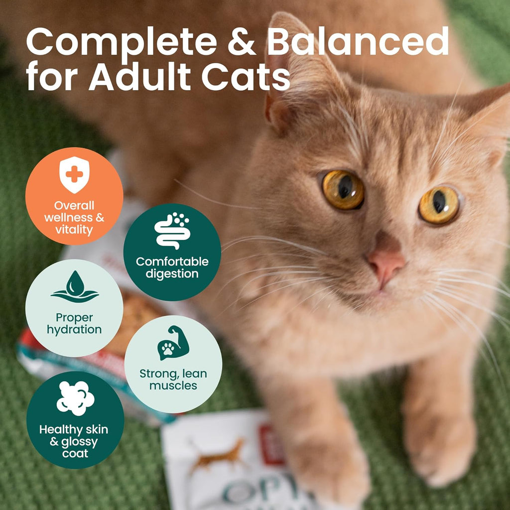 Optimeal high protein wet cat food variety pack showing nutrition facts and benefits