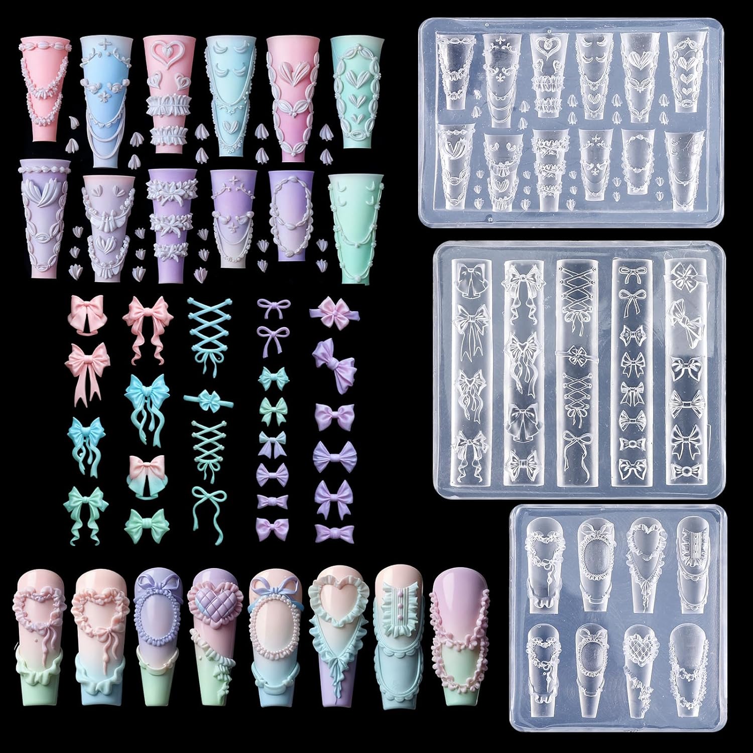 Sibba 3Pcs Silicone Nail Molds front view showing three transparent sheets with unique bow charm cavities.