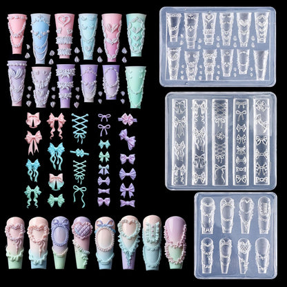 Sibba 3Pcs Silicone Nail Molds front view showing three transparent sheets with unique bow charm cavities.