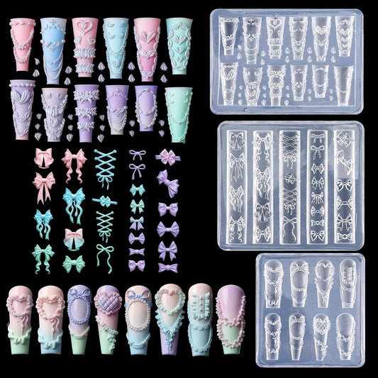 Sibba 3Pcs Silicone Nail Molds front view showing three transparent sheets with unique bow charm cavities.