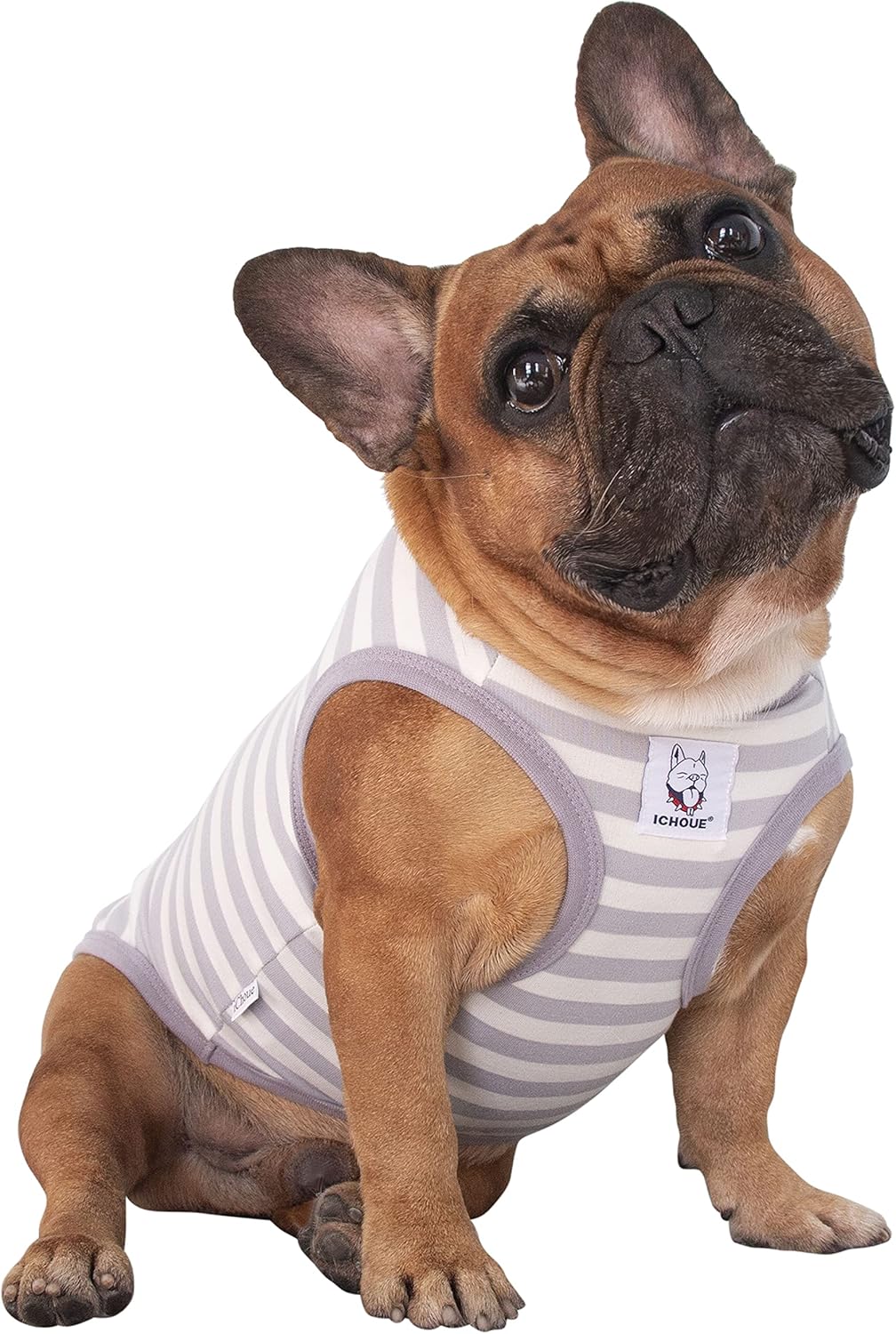 Pink and white striped puppy tank top back view details.