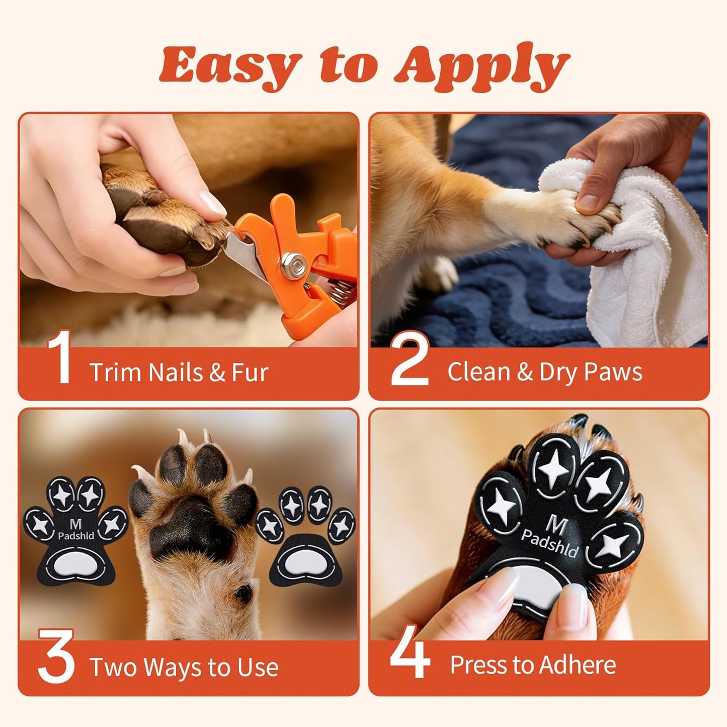 Instructions for applying dog paw stickers on pet feet
