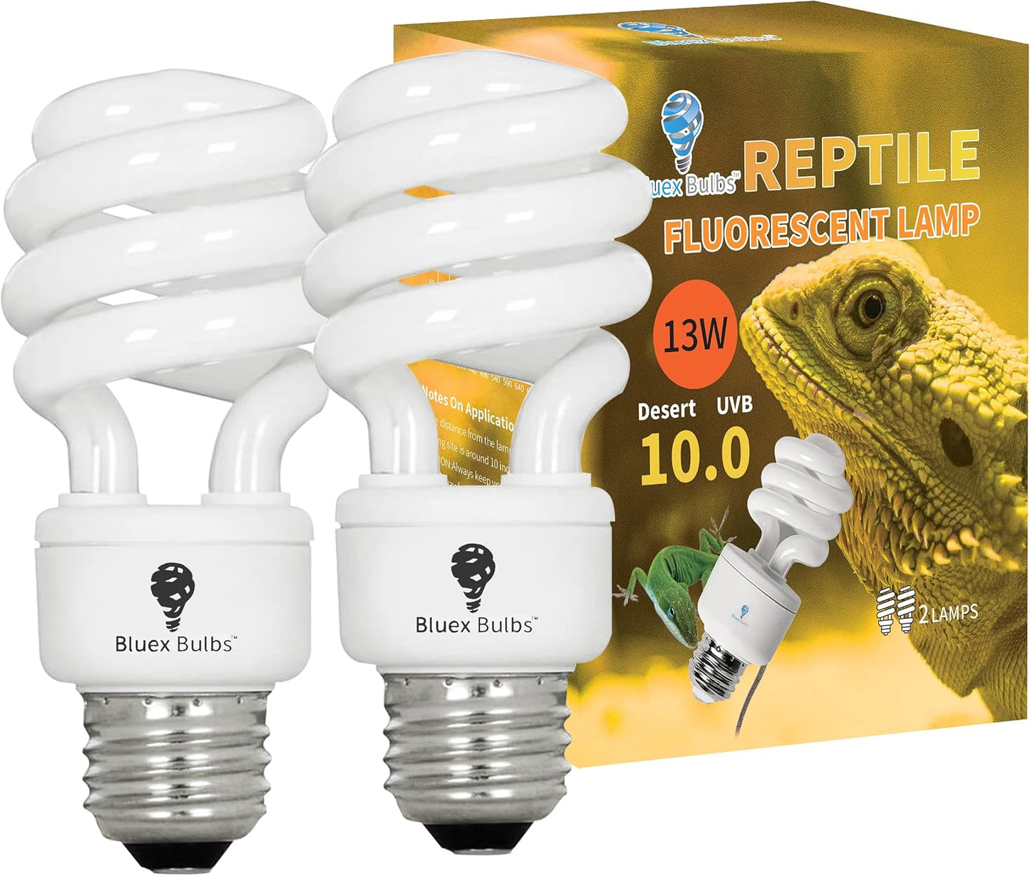 Bluex Bulbs 13 Watt reptile bulb desert 10.0 UVB light 2 pack front packaging view.
