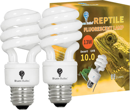Bluex Bulbs 13 Watt reptile bulb desert 10.0 UVB light 2 pack front packaging view.