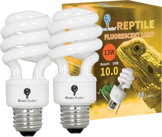 Bluex Bulbs 13 Watt reptile bulb desert 10.0 UVB light 2 pack front packaging view.