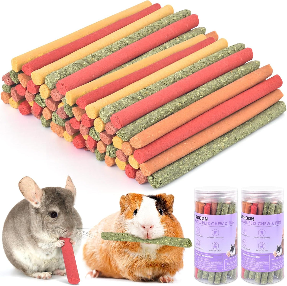 ERKOON 40Pcs Rabbit Timothy Hay Sticks, Five FlavorsPurplePotato/TimothyHay/Pumpkin/Strawberry/CarrotSuitable Guinea Pig, Hamste, Gerbil, Chinchilla Treats, Chew Toys for Teeth for Bunnies - Image 9