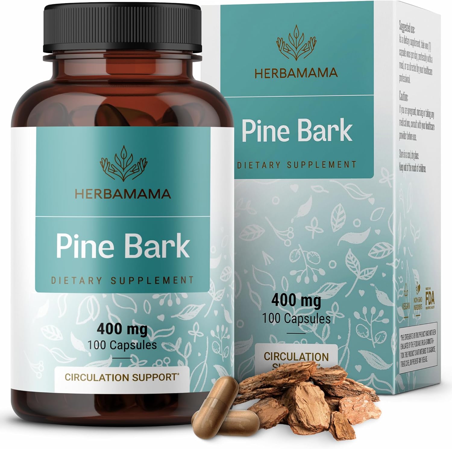 HERBAMAMA Pine Bark Extract Capsules front view showing 400mg formula bottle