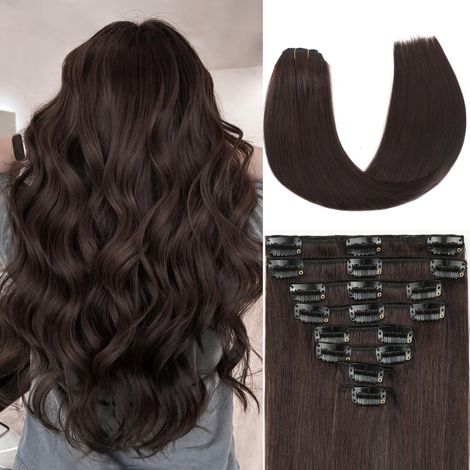 Licoville dark brown clip in hair extensions front view displaying realistic human hair texture