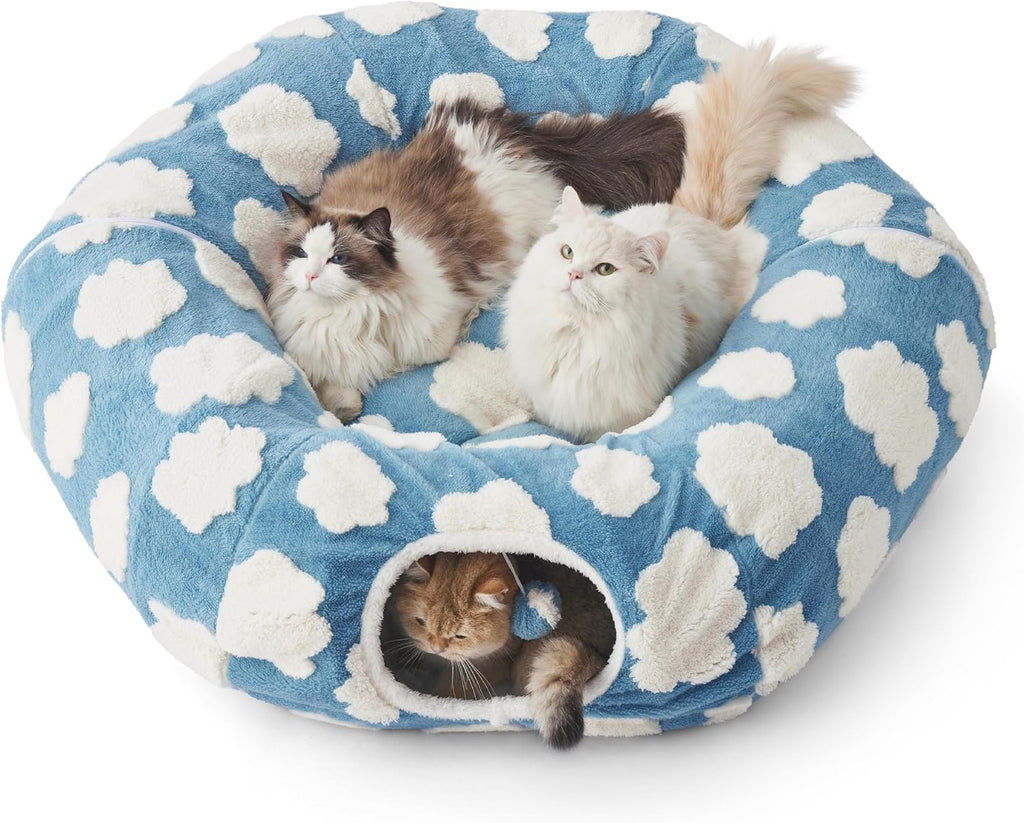Lesure Cat Tunnel Bed for Indoor Cats - Cute Cat Donut Tunnel Toys for Small Large Cats with Washable Circle Cushion, Round Pet Peekaboo Cave Toy for Kitten/Puppy/Rabbit, Standard Cozy Clouds Blue - Image 10