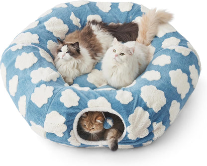 Lesure Cat Tunnel Bed for Indoor Cats - Cute Cat Donut Tunnel Toys for Small Large Cats with Washable Circle Cushion, Round Pet Peekaboo Cave Toy for Kitten/Puppy/Rabbit, Standard Cozy Clouds Blue - Image 10