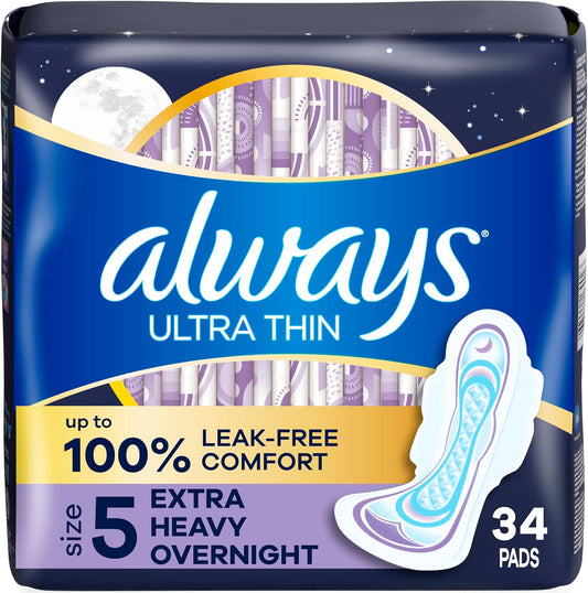 Always Ultra Thin Size 5 Extra Heavy Overnight Pads front packaging showing 34 count.