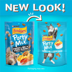 Purina Friskies party mix cat treats pouch showing crunchy texture and shapes