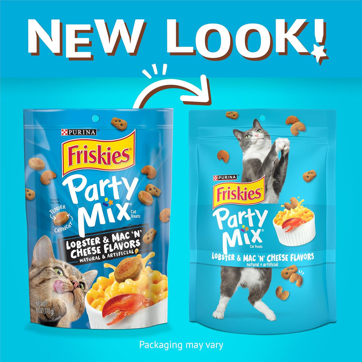 Purina Friskies party mix cat treats pouch showing crunchy texture and shapes