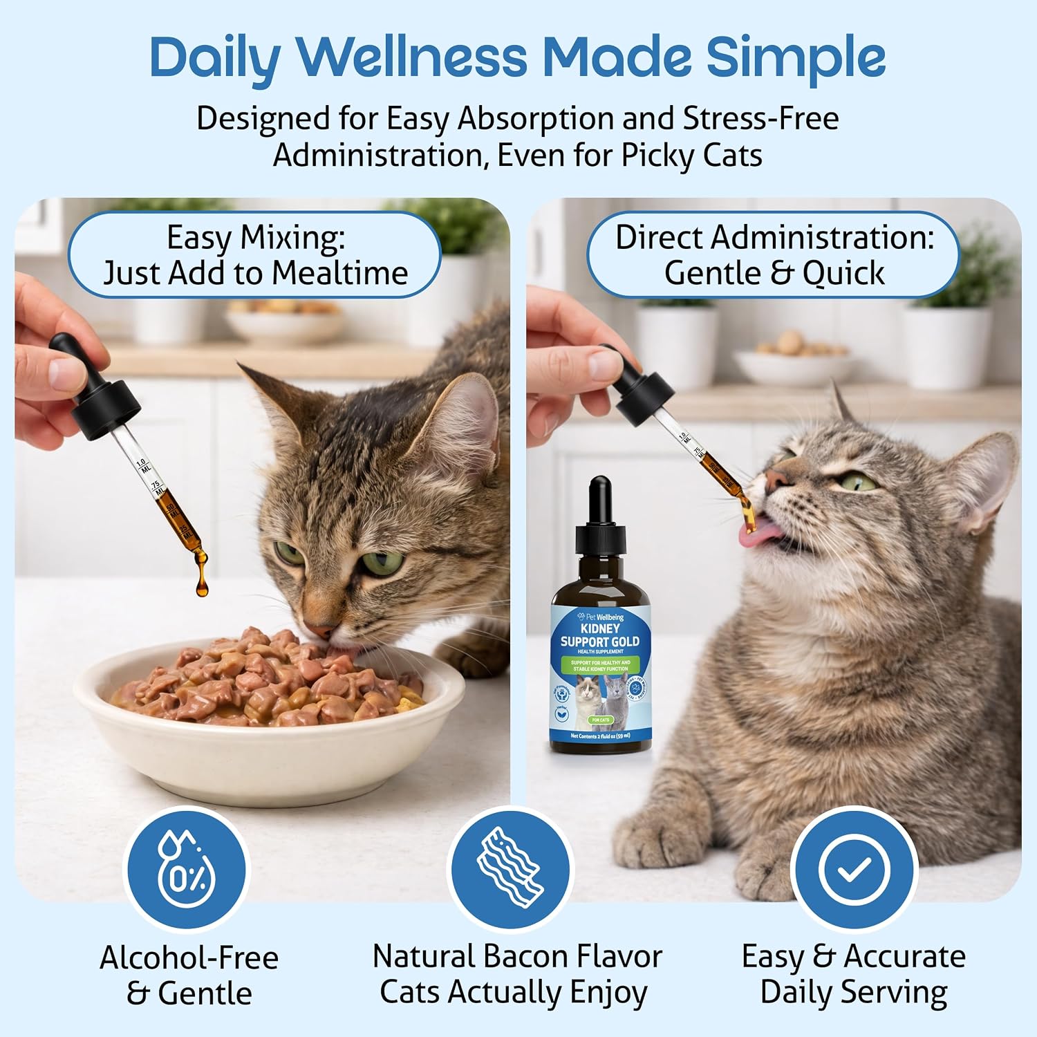 Pet Wellbeing liquid kidney supplement for cats with natural bacon flavor