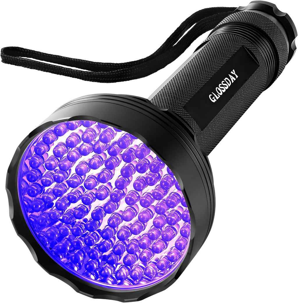 GLOSSDAY UV Flashlight Black Light 100 LED front view showing the wide ultraviolet lens array.