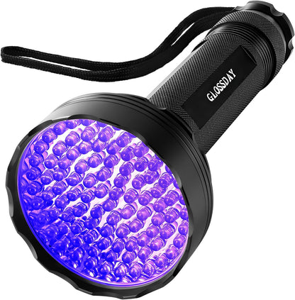 GLOSSDAY UV Flashlight Black Light 100 LED front view showing the wide ultraviolet lens array.