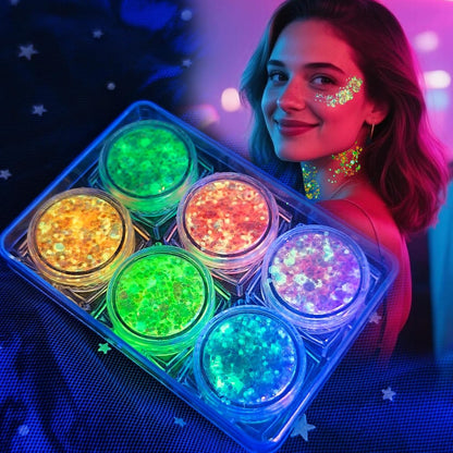 MiraWish Glow in The Dark Body Glitter Gel front view showing six color tubes of neon festival makeup kit