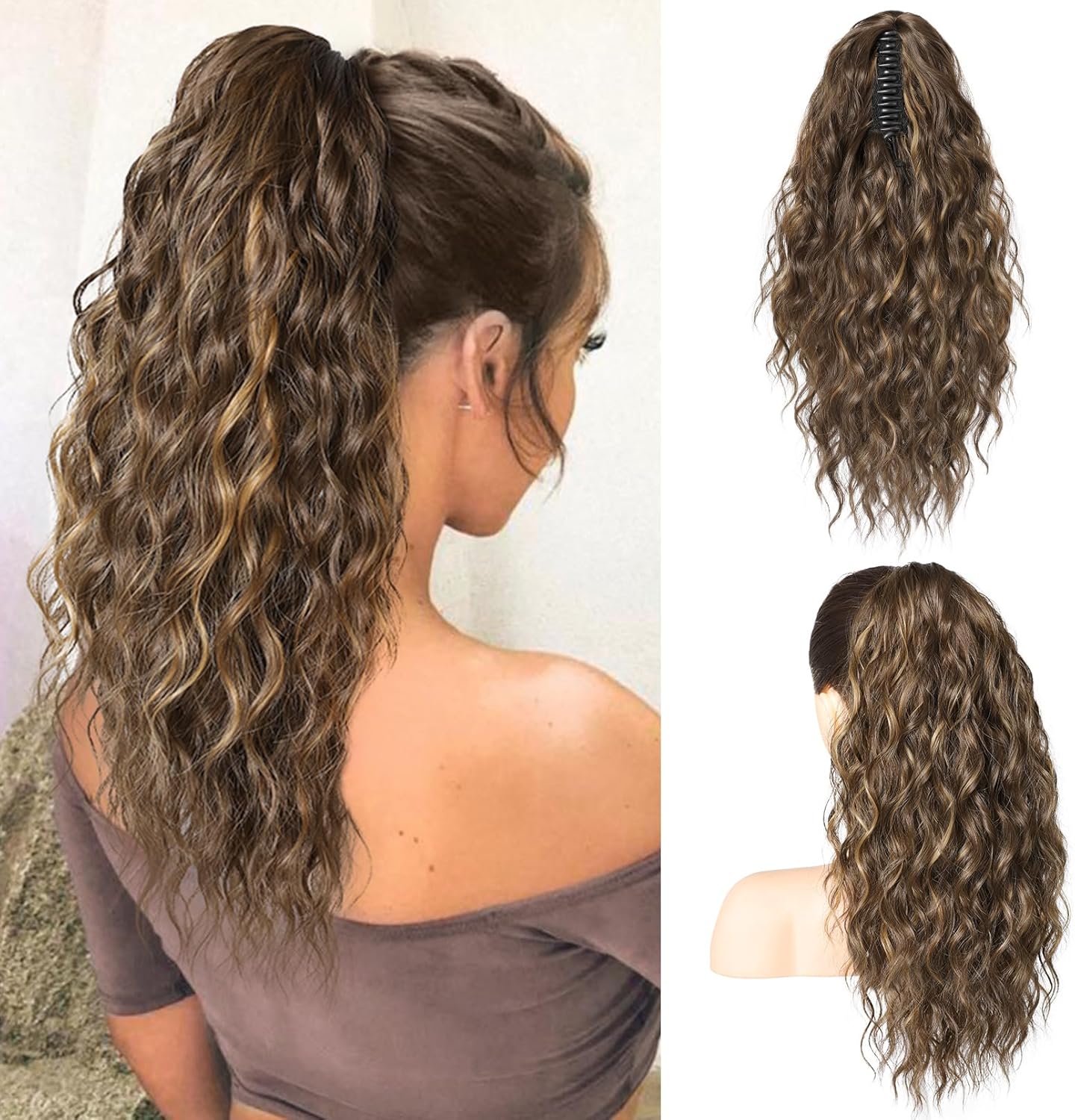 SEIKEA 18 inch long claw highlight ponytail extension front view showcasing medium brown dark blonde highlights wavy texture
