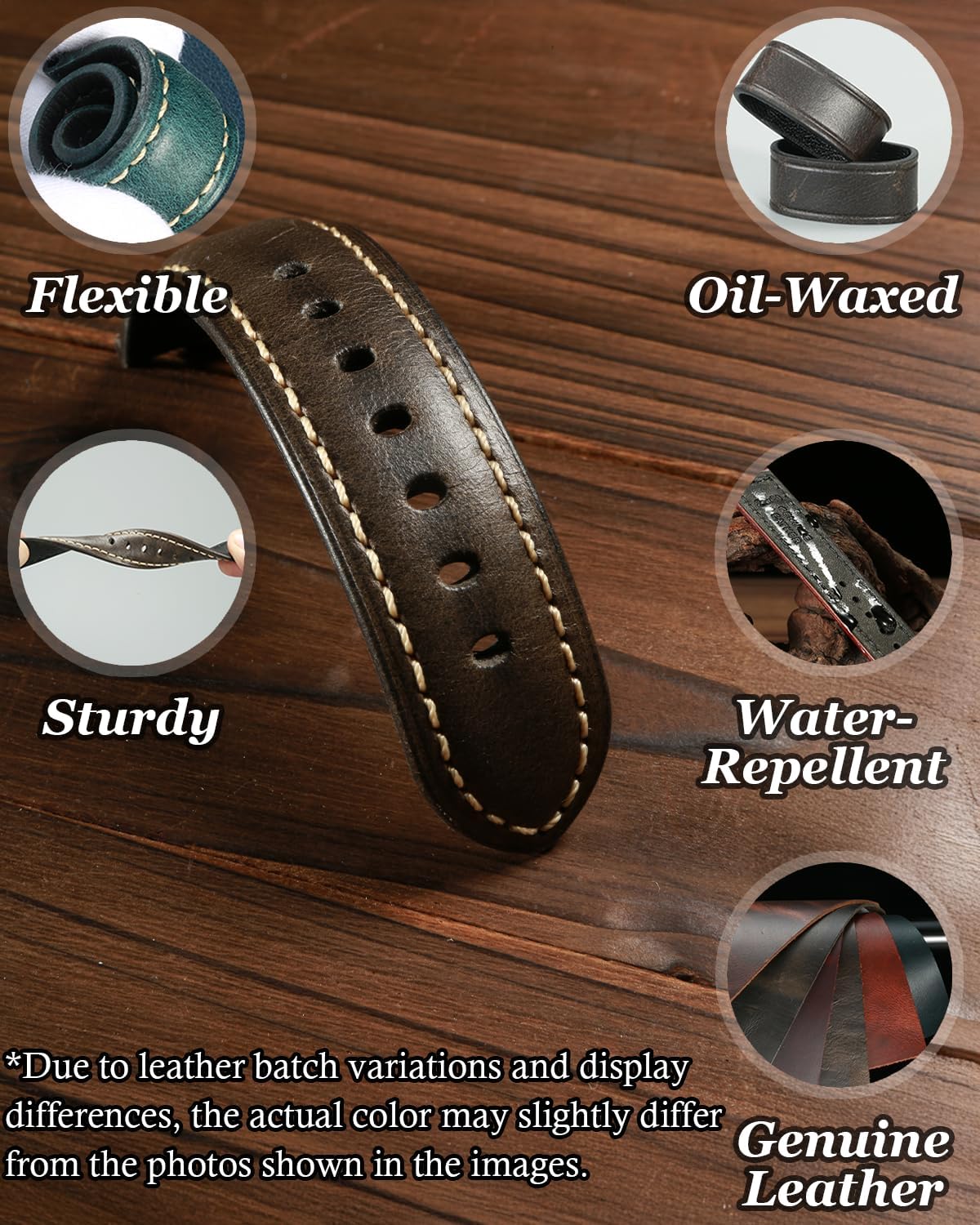 REZERO replacement watch band showcasing the natural patina texture and stitching detail