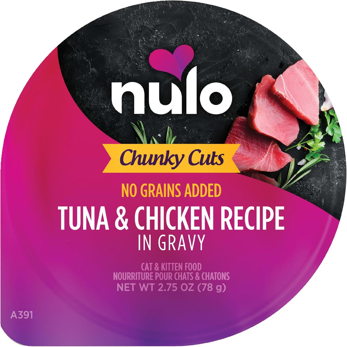 Nulo Chunky Cuts Tuna and Chicken wet cat food cups front view