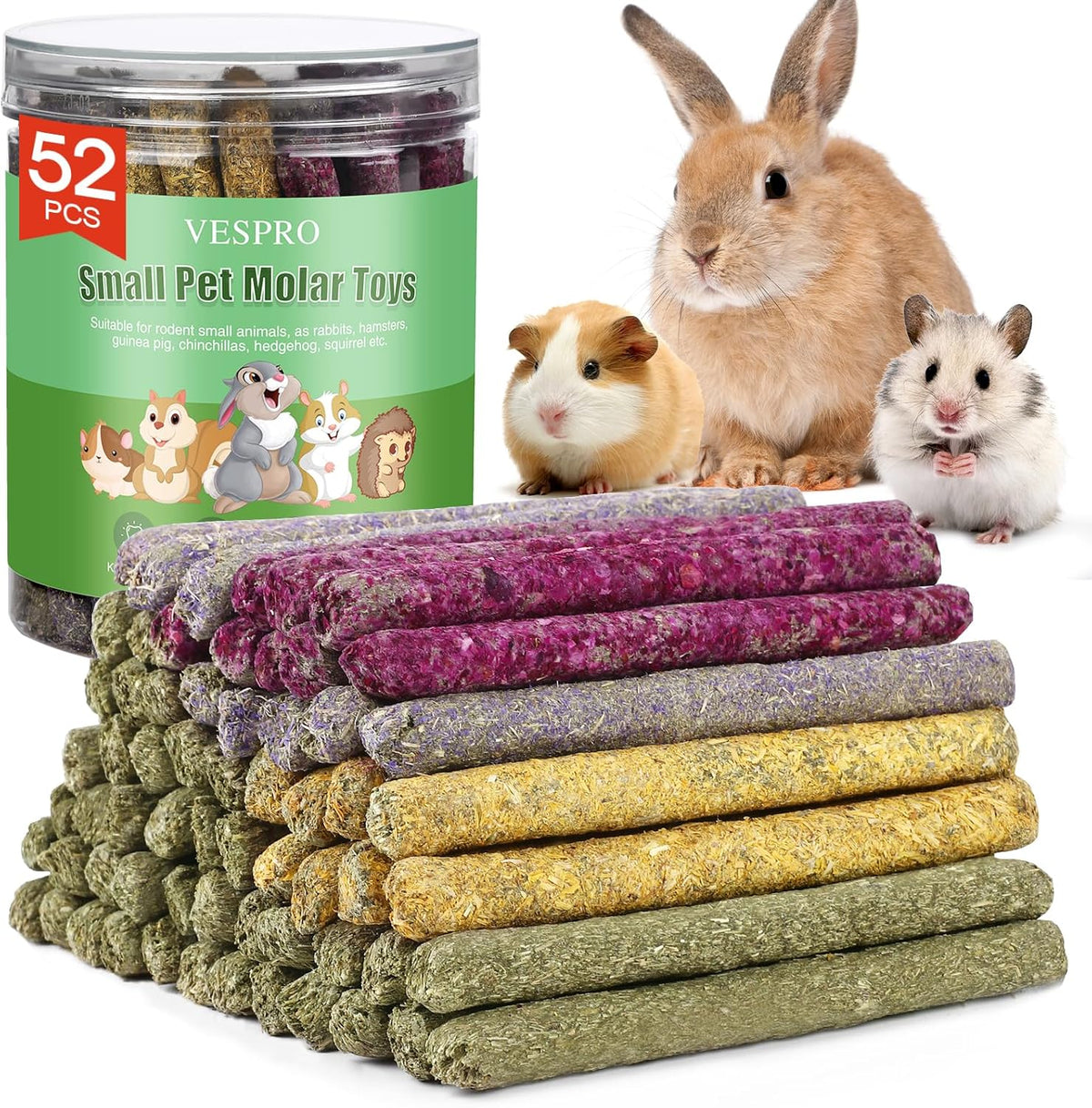 VESPRO rabbit chew sticks front view jar containing fifty two natural timothy grass treats.