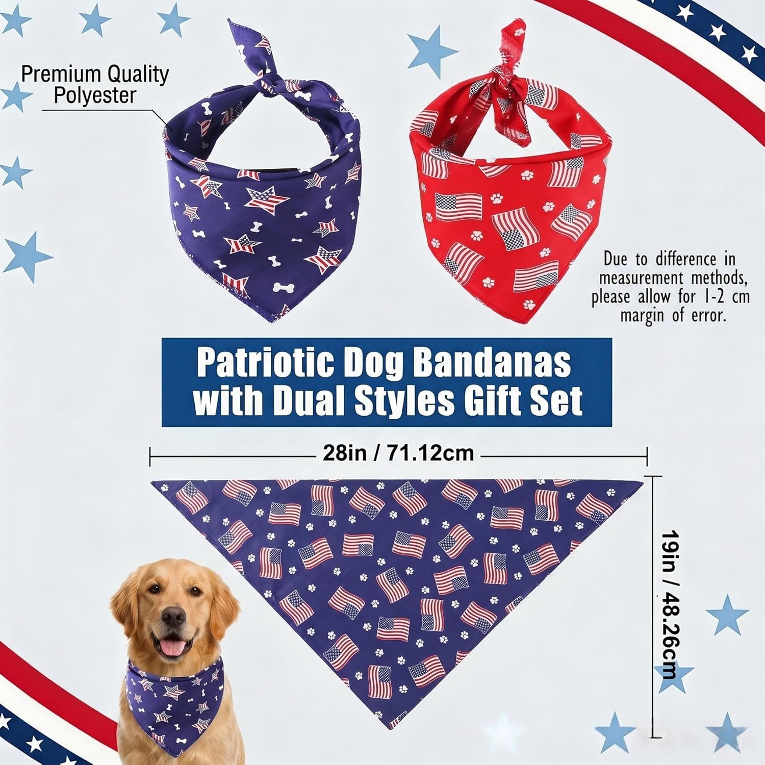 Two pack blue and red patriotic pet bibs