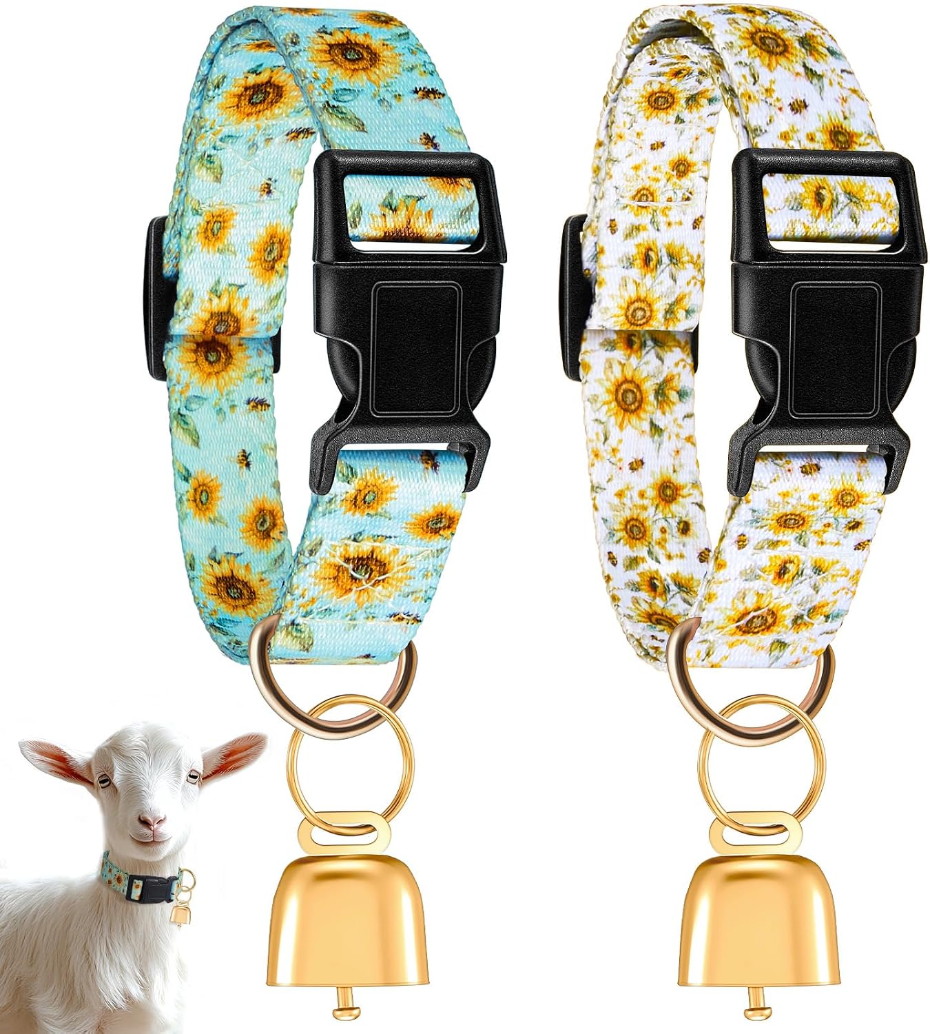 Talltalk goat collars with bells front view of two pack sunflower print livestock accessories