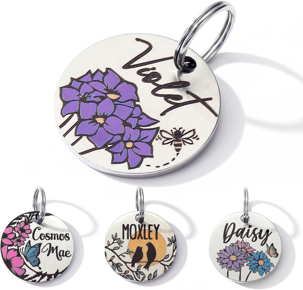 USA sourced custom engraved metallic pet safety tag closeup view.
