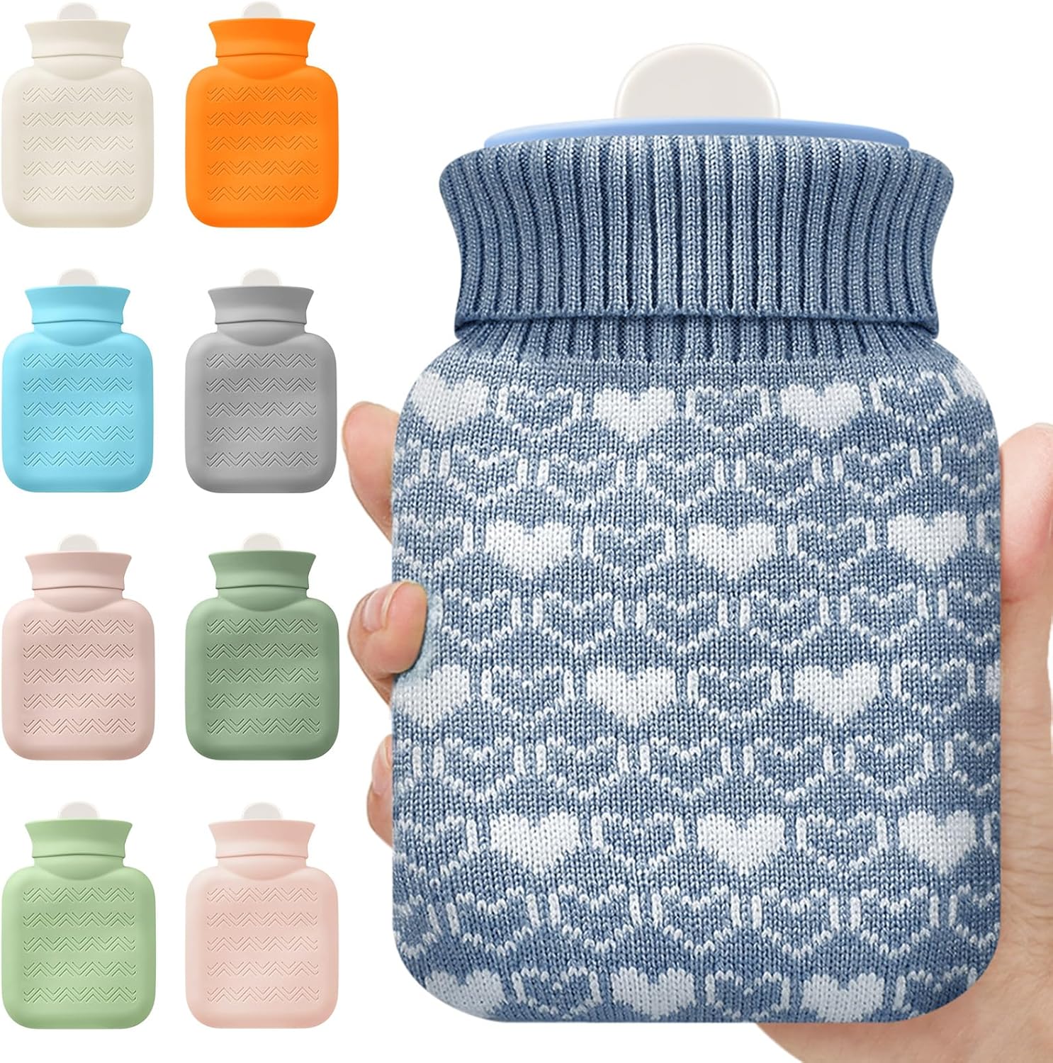 Amylove mini hot water bottle front view showing stone blue silicone body and knitted cover