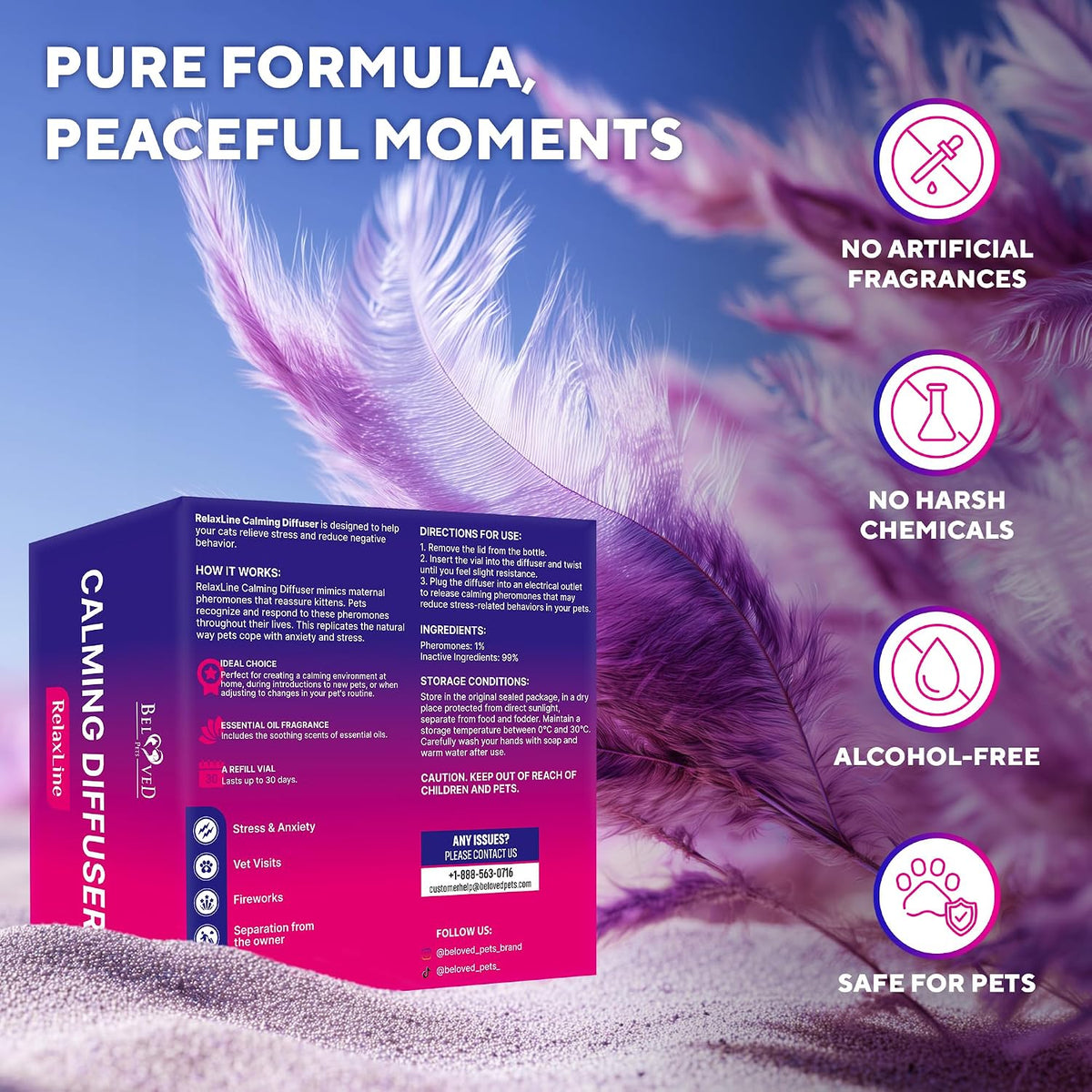 Anxiety relief pheromone kit for cats showing safe home placement instructions.