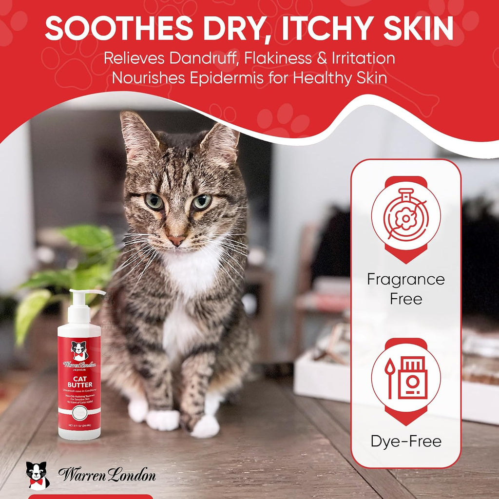 Dye free sensitive skin cat lotion packaging highlighting twenty four hour hydration benefits