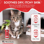Dye free sensitive skin cat lotion packaging highlighting twenty four hour hydration benefits