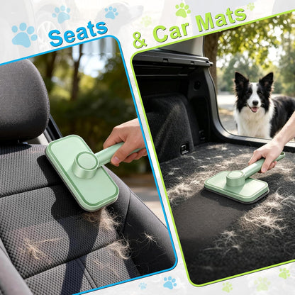 Using magic pet hair tool on car seat upholstery
