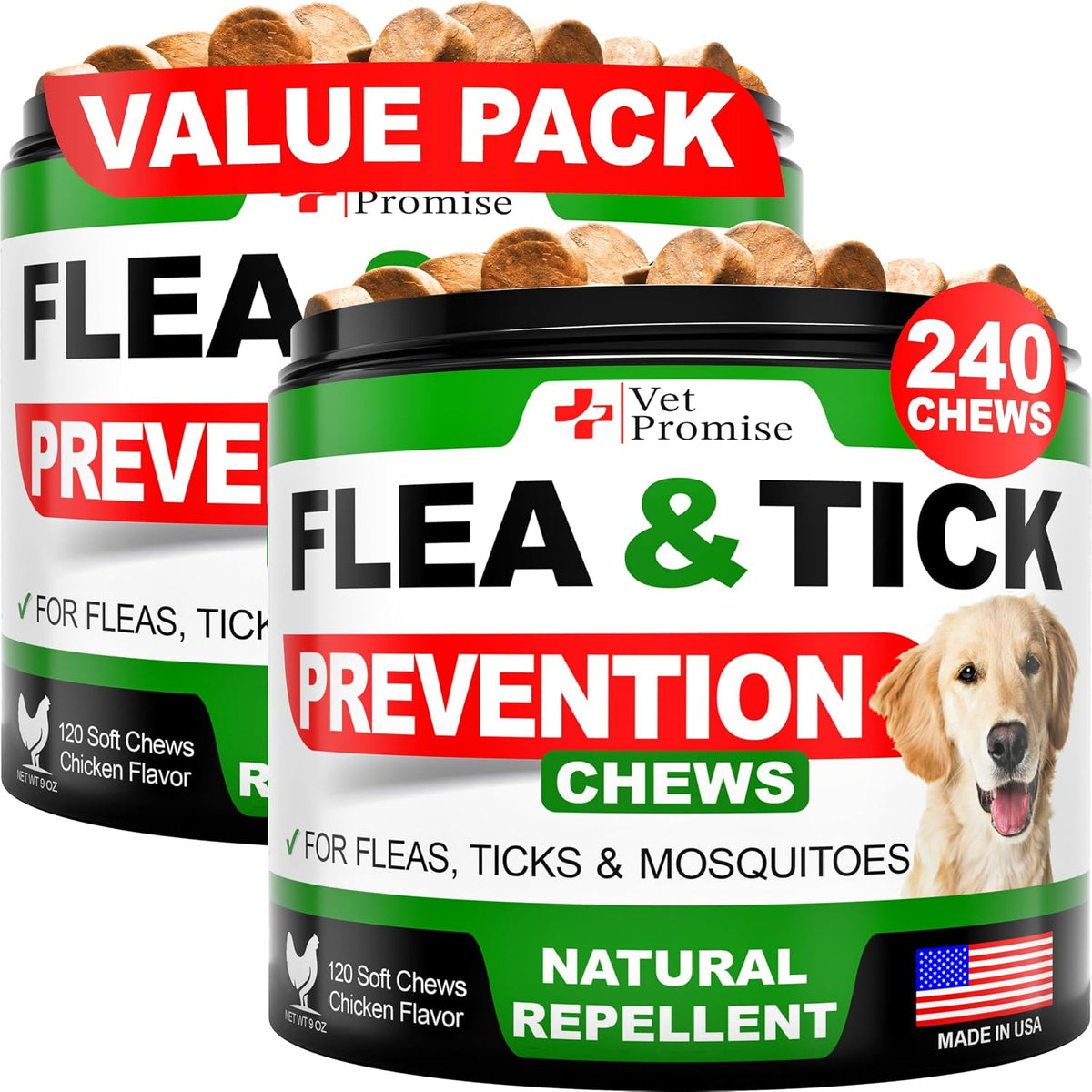 Vet Promise premium non GMO dog flea and tick prevention supplement container side view