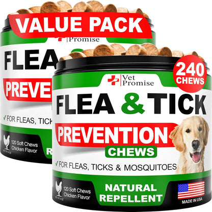 Vet Promise premium non GMO dog flea and tick prevention supplement container side view