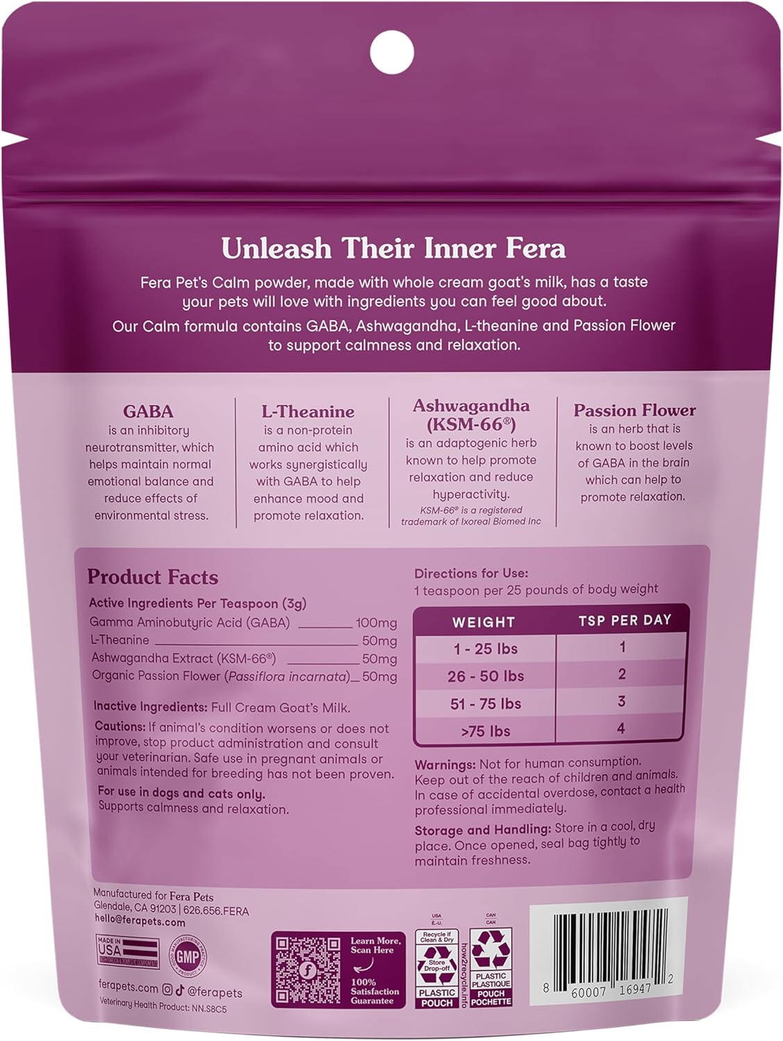 Natural GABA and L-Theanine pet powder pouch highlighting picky eater friendly taste.