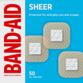 Band-Aid Brand Sheer Spots Adhesive Small Square Bandages front packaging view showing fifty count box.