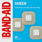 Band-Aid Brand Sheer Spots Adhesive Small Square Bandages front packaging view showing fifty count box.